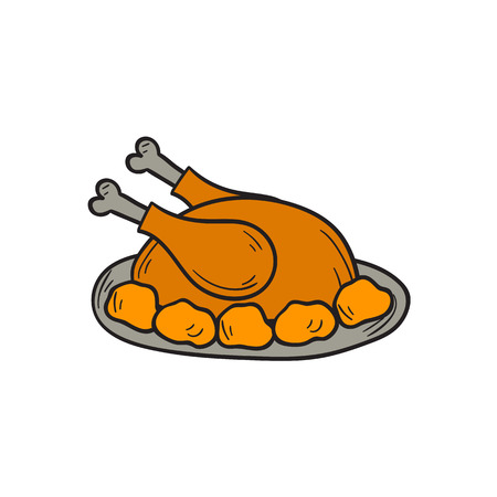 Vector cartoon illustration with hand drawn cooked turkey bird isolated on white background. Thanksgiving or Christmas day traditional dinner. Vector turkey bird icon. American traditional foodのイラスト素材