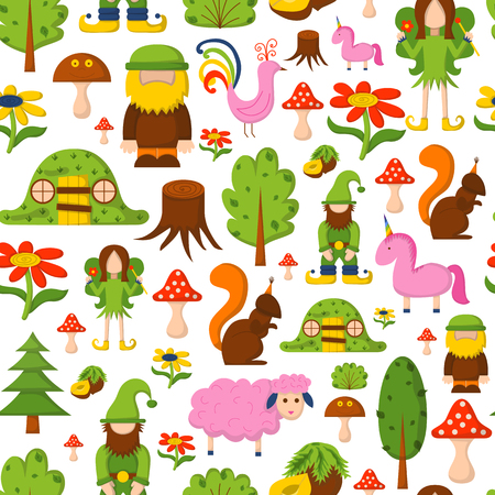 Vector illustration, cartoon children magic forest background. Fairy tale, fantasy, magic objects. Children vector book cover, illustration. Cartoon cute card, magic tree, forest creatures, unicornのイラスト素材