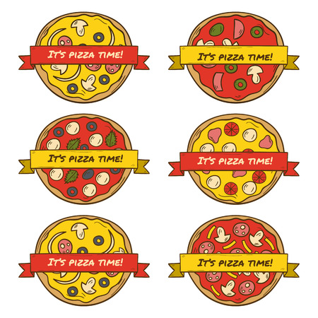 Vector illustration with cartoon hand drawn pizza icon. Vector pizzeria, cafe, restaurant menu. Italian cuisine food. Cartoon pizza. Delivery menu hand drawn objects.のイラスト素材