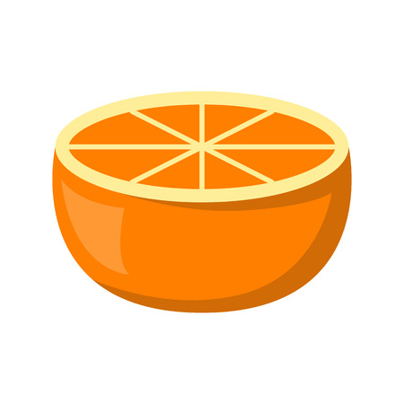 Vector illustration with cartoon flat isolated orange half. Fruit vector icon. Fresh organic source of vitamin. Cartoon orange on white background. Raw tropical citrus fruit vector iconのイラスト素材