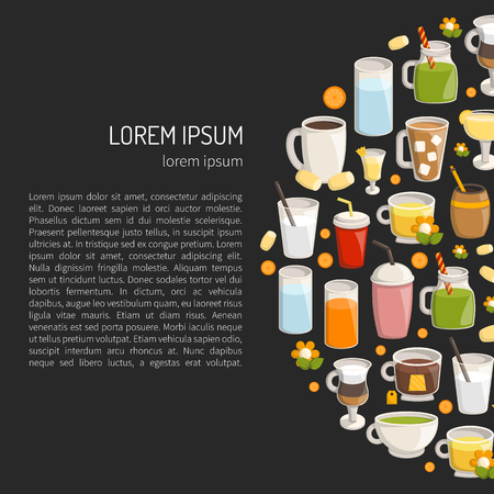Vector illustration with cartoon non-alcoholic beverages background. Glasses with cartoon drinks: water, tea, soda, juice, lemonade, coffee, milk cocktail. Non alcoholic drinks vector backgroundのイラスト素材