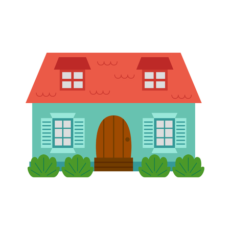 Vector cartoon illustration with isolated country or travel vacation house. Rent, sale building with tree. Front exterior view farm house icon. Cute flat vacation homeのイラスト素材