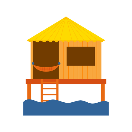 Vector cartoon illustration with isolated country or travel vacation house. Rent, sale building with water. Front exterior view beach house icon. Cute flat vacation homeのイラスト素材