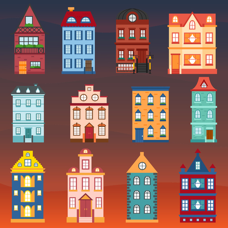 Vector illustration with collection of flat cartoon houses for city or town design. Urban landscape background. Set of exterior facade buildings. Colorful old, retro and modern houses iconのイラスト素材