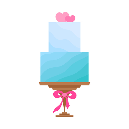 Vector cartoon illustration with flat celebration cake. Sweet bakery food, dessert icon for celebration. Happy anniversary party or wedding object. Cute cakes with cream and ribbonsのイラスト素材