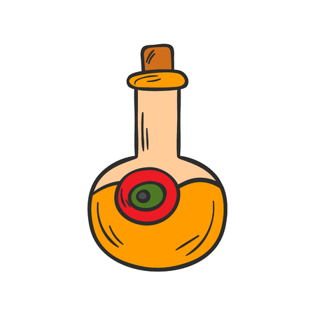 Vector cartoon illustration with isolated hand drawn bottle with potion and red eye. Glass with magical elixir or poison. Vector icon on white backgroundのイラスト素材