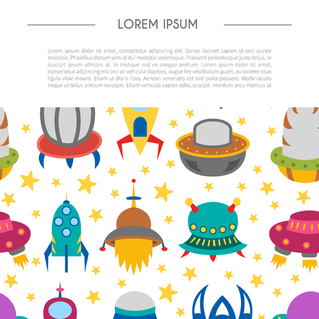 Vector cartoon illustration, background with different colorful alien spaceships. Vector UFO icon. Cute spacecraft, galaxy objects for children book or cover illustration. Cartoon rocket backgroundのイラスト素材