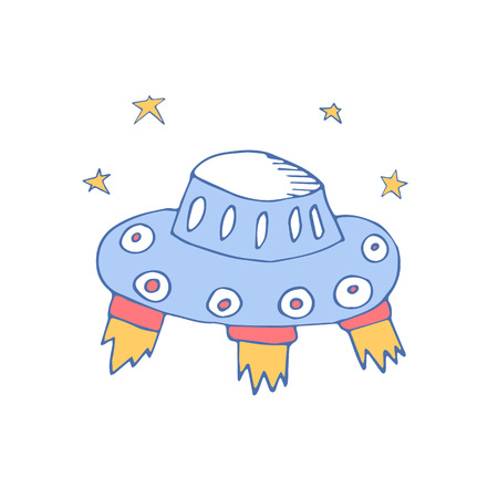 Vector cartoon illustration with alien spaceship. Vector UFO icon. Cute spacecraft, galaxy object. Children book or cover illustration. Hand drawn rocket backgroundのイラスト素材