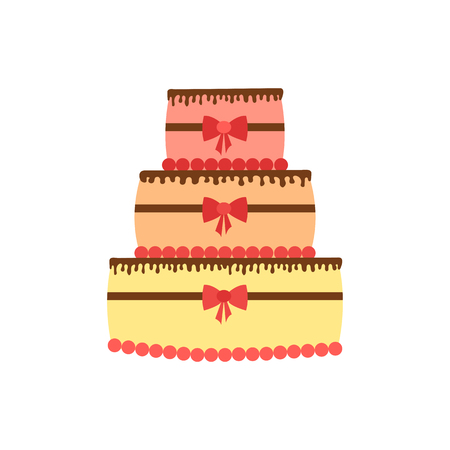Vector cartoon illustration with flat celebration cake. Sweet bakery food, dessert icon for celebration. Happy anniversary party or wedding object. Cute cakes with chocolate and ribbonsのイラスト素材