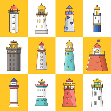 Vector illustration with cartoon flat outline set of buildings lighthouses. Sea travel elements. Marine object. Large lighthouse, sea beach icon. Architecture object, exploring surrounding area coastのイラスト素材