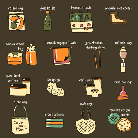 Vector illustration with cartoon hand drawn zero waste life objects. Eco style. No plastic. Go green. Organic recycled elements: cotton mesh store bag, glass bottle, menstrual cup, reusable thingsのイラスト素材