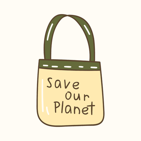 Vector illustration with cartoon cotton bag icon. Textile store shopping bag. Zero waste concept. Reusable fabric for bread, fruitsのイラスト素材