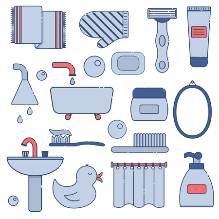 Vector illustration with flat line cartoon bathroom background. Circle background with bathroom soap, bathroom cosmetics, bathroom duck, bathroom towel, mirror, brush. Cartoon cute bathroom conceptのイラスト素材