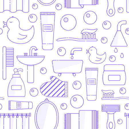 Vector illustration with flat line cartoon bathroom background. Circle background with bathroom soap, bathroom cosmetics, bathroom duck, bathroom towel, mirror, brush. Cartoon cute bathroom conceptのイラスト素材