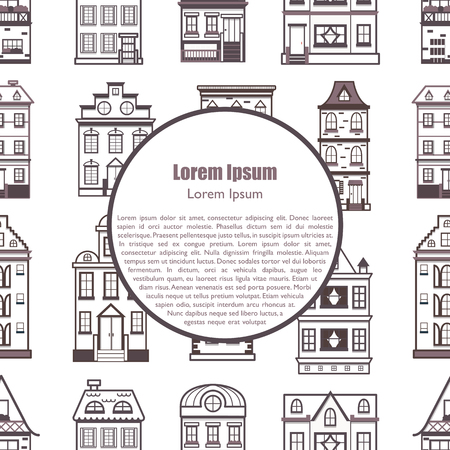 Vector illustration with background of flat cartoon line houses. City, town design. Urban landscape seamless background. Set of exterior facade buildings. Old, retro and modern front view houses iconのイラスト素材