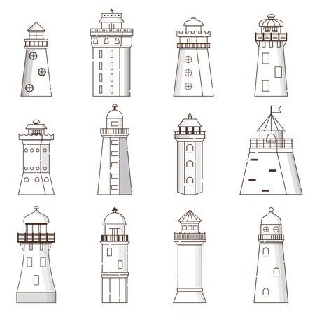 Vector illustration with cartoon flat outline set of buildings lighthouses. Sea travel elements. Marine object. Large lighthouse, sea beach icon. Architecture object, exploring surrounding area coastの写真素材