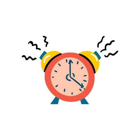 Vector illustration with red alarm clock. Wake up time icon isolated on background in trendy cartoon style. Morning time background designの写真素材