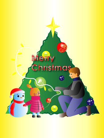 Merry Christmas- father and daughter decorating Christmas treeのイラスト素材