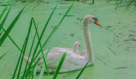 A mother swan swimming with its babies on a lake in a beautiful sunny day in a park in Montreal City, Canada.の写真素材