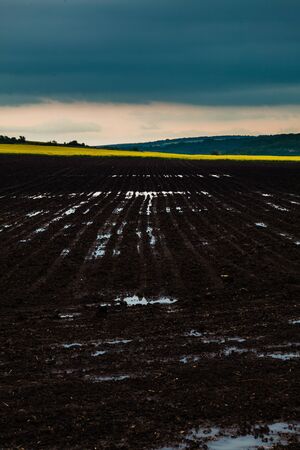 Plowed with water black furrows earth and  dark greyの写真素材