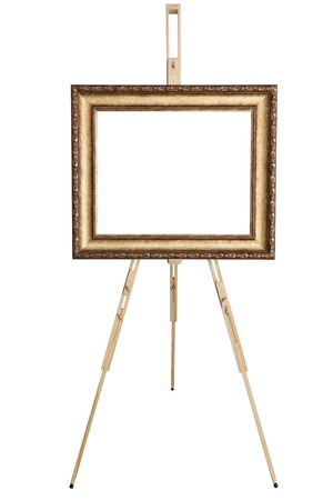 Blank art frame, wooden easel, front view, isolated on white, included clipping pathの写真素材