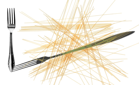 spaghetti and fork and shadow reversed, isolated on a white backgroundの写真素材