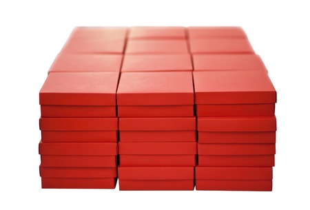 many red boxes for awards isolated white background with selective focusの写真素材
