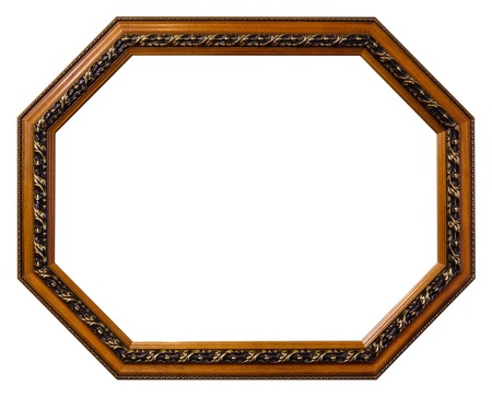 Old octagonal wooden picture frame isolated over white background. Path included.の写真素材