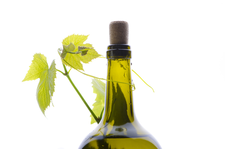 A bottle of wine with young grapesの写真素材