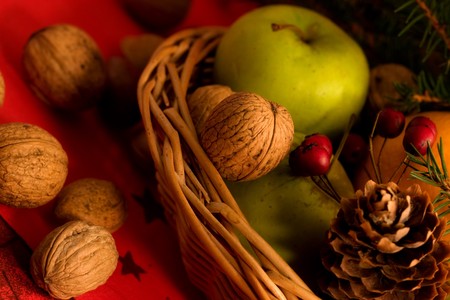 Christmas scene with decorations in redの写真素材