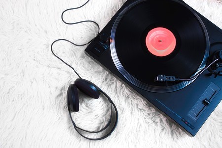 Retro Phonograph on white carpetの写真素材