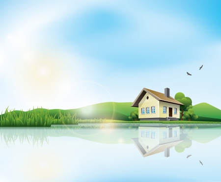 Beautiful sunny landscape with house and a lakeのイラスト素材