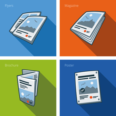 Set of four printouts icons consisting of flyer, magazine, brochure and poster in cartoon style  のイラスト素材