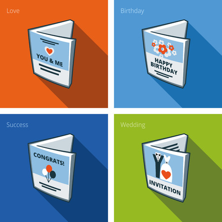 Set of four greeting card icons consisting of love card, birthday card, congratulations card and wedding card  Print publishing icon series  のイラスト素材