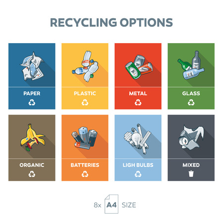 Illustration of 8 recycling garbage categories on A4 pages format size for easy output. Categories includes paper, metal, can, glass, bottle, plastic, organic, food, batteries, light bulbs and general mixed waste on color shape bacgkround. Waste segregatiのイラスト素材