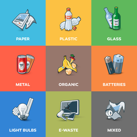 Illustration of trash categories with organic, paper, plastic, glass, metal, e-waste, batteries, light bulbs and mixed waste. Waste types segregation recycling management concept.のイラスト素材