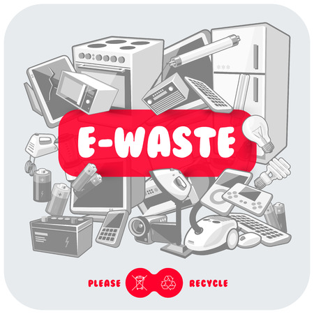 Gray waste electrical and electronic equipment pile. Computer and other obsolete used electronic waste stack as light backround with red title box. Please recycle concept.のイラスト素材