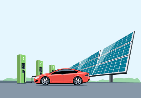 Flat vector illustration of a red electric car charging at the charger station in front of the solar panel plant. Electromobility e-motion concept.のイラスト素材