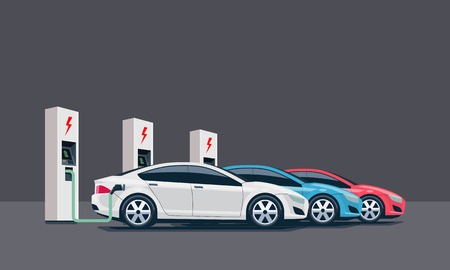 Flat vector illustration of three electric cars charging at the white charger station. Electromobility e-motion concept. Three electric battery chargers.のイラスト素材