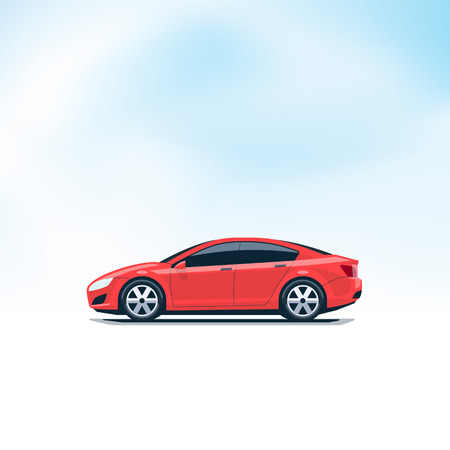 Flat vector illustration of an isolated vector red car side view in cartoon style. Decent sky in the background.のイラスト素材
