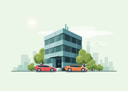 illustration of modern business office building with green trees and cars parked in front of the workplace in cartoon style. House has glass facade. City skyscrapers skyline on green turquoise background.のイラスト素材