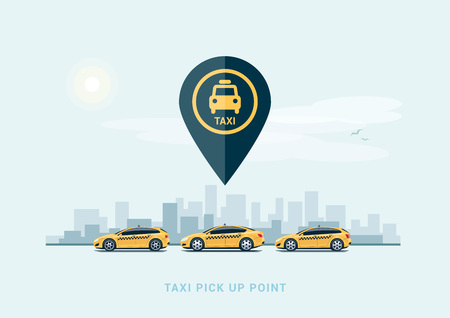 Vector illustration of yellow taxi cars parking along the city street in cartoon style. Hatchback, station wagon and sedan standing in a row with taxi pickup point sign. City skyscrapers skyline in background.のイラスト素材