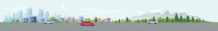 Flat vector cartoon style illustration of urban landscape street with cars, skyline city office buildings, family houses in small town and mountain with green trees in backround. Traffic on the road.のイラスト素材