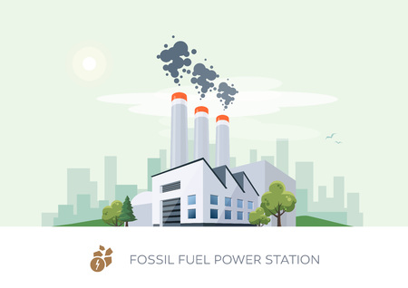 Vector illustration of fossil fuel power station factory icon with sun and urban city skyscrapers skyline on green turquoise background.のイラスト素材