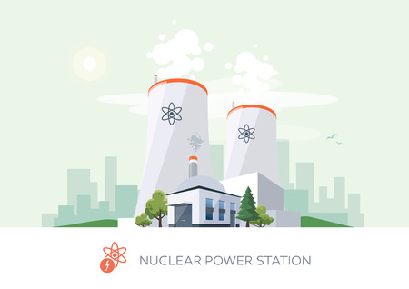 Vector illustration of nuclear power plant factory icon with sun and urban city skyscrapers skyline on green turquoise background.のイラスト素材