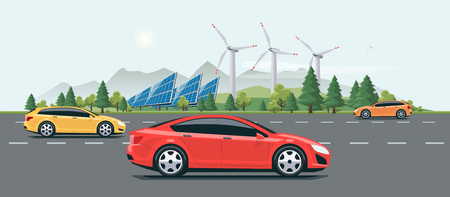Flat vector cartoon style illustration of landscape street with electric cars, solar panels, wind turbines and mountain with green trees in backround. Sustainable traffic on the road.のイラスト素材