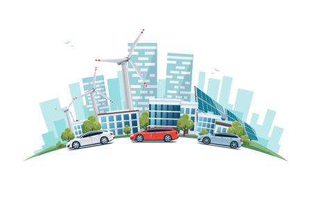 Vector illustration of modern sustainable city with cars on street in cartoon style arranged in arc.のイラスト素材