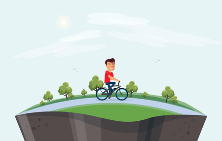 Vector illustration of a smiling man riding an electric bicycle in the city park, cartoon style. Healthy lifestyle cyclist enjoys trip on e-bike in countryside arranged in arc. Earth globe section underneath.のイラスト素材