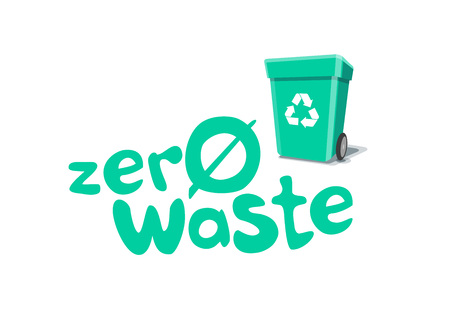 Zero waste handwritten text sticker with green trash can with recycling sign. Zero landfill waste management concept. Isolated illustration on white background.のイラスト素材