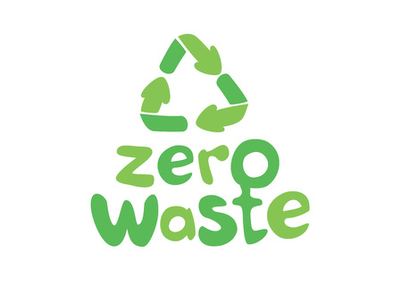 Zero waste handwritten text with green recycling sign isolated on white background. Zero landfill concept illustration in cartoon style.のイラスト素材